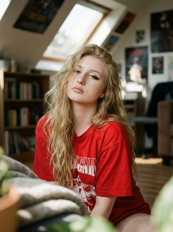   Фотография женщины. Женщина сидит на полу в комнате, слегка наклонившись вперед, плечи опущены, голова слегка приподнята и запрокинута назад, смотрит прямо в камеру. Лицо почти фронтальное, со спокойным, слегка отстраненным выражением. Волосы растрепаны, некоторые пряди падают на лицо и плечи, создавая непринужденную атмосферу.

Средний план, снятый примерно с уровня глаз, показывает голову, плечи, верхнюю часть тела и частично согнутые ноги. Передний план слегка заслонен размытыми элементами.

Макияж подчеркивает глаза: четкая черная подводка, выразительные ресницы, ровный матовый тон кожи, губы естественного розовато-бежевого оттенка без сильного блеска. Волосы слегка волнистые, не уложены идеально, создавая естественный, небрежный эффект. На ней большие тонкие серьги-кольца.

Женщина одета в красную футболку оверсайз; ткань мягкая и матовая, с белым принтом на груди. В кадре присутствуют элементы интерьера: книжные полки, плакаты или фотографии на стенах и мебель, создающие ощущение уюта и визуальной глубины.

Место действия — комната с естественным дневным светом. Свет падает из окна сбоку и сверху, создавая яркие пятна и полосы света на стене и мебели. Основное освещение мягкое, сбоку, с мягкими, низкоконтрастными тенями, едва различимыми под подбородком и вдоль шеи. Атмосфера домашняя, с эффектом естественного дневного света.

Съемка выполнена на портретный объектив 50 мм, малая глубина резкости, фон слегка размыт, передний и задний планы плавно переходят друг в друга, создавая мягкое боке, фокусировка на лице и верхней части тела, естественная цветопередача, едва заметная пленочная зернистость, высокая детализация, фотореалистичность.