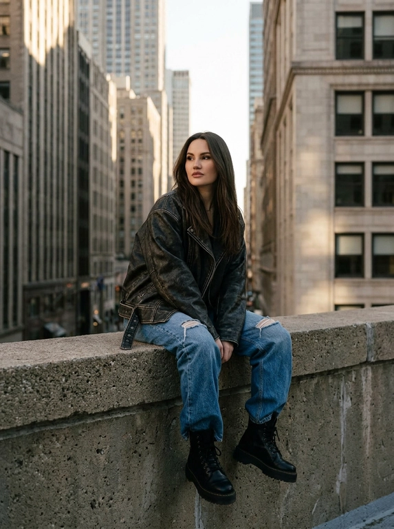 Не меняй черты лица с фото. Кинематографический портрет женщины в полный рост, непринужденно сидящей на бетонном парапете в городской среде. На ней просторная чёрная кожаная куртка с богатой текстурой, свободные джинсы с потертостями и тяжёлые чёрные армейские ботинки. Поза расслабленная: колени слегка приподняты, руки опущены по бокам, взгляд отвлечён от камеры с задумчивым выражением.
За ней возвышается фасад высокого городского здания, намекая на плотный городской горизонт.
Освещение — тёплый солнечный свет золотого часа или угрюмые сумеречные тона, отбрасывающие длинные тени и подчёркивающие текстуру кожи и бетона.
Мягкая, реалистичная эстетика уличной фотографии с высокой детализацией, чётким фокусом и глубоким контрастом.
Снято на среднеформатную плёнку для богатой кинематографической глубины и аутентичной городской атмосферы.