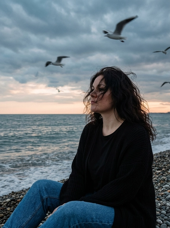 Сохранить внешность 1:1 - лицо, черты, пропорции, возраст, текстуру кожи; фото - единственный эталон. формат 3:4. Атмосферная морская сцена на закате: драматичное облачное небо, холодные голубо-серые оттенки с мягким персиковым у горизонта. Человек сидит боком на гальке у линии прибоя, корпус развернут к морю, взгляд в сторону моря. Ветер растрёпывает волосы, лицо частично перекрыто прядями (волосы развиваются ТОЛЬКО ЕСЛИ они длинные, прическа сохраняется с фото 1:1). в небе летают чайки, часть с лёгким motion blur. Одежда: чёрная базовая футболка, чёрный вязаный кардиган свободной посадки, свободные синие джинсы прямого кроя. Съёмка на винтажную плёночную камеру Kodak, объектив 35mm. Цвет в стиле Kodak Portra 400: матовые тени, мягкий контраст, натуральная цветопередача, лёгкая десатурация, выраженное плёночное зерно. Editorial-композиция, высокий фотореализм, 4K.