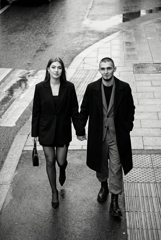 Черно-белая художественная фотография, ультрареализм, 8K, профессиональная съёмка; (оба): в кадре мужчина и женщина; каждый персонаж жёстко привязан к своему загруженному референсу, лица используются напрямую, без генерации, усреднения, подмены или смешения. Вид сверху под углом. Они идут по городской улице, держась за руки; шаг в движении, эффект «пойманного кадра». Смотрим вверх в камеру, выражение спокойное, уверенное, отстранённое.
Полностью чёрные образы modern classic: женщина — оверсайз-пиджак, короткое платье/юбка, плотные колготки, остроносые каблуки, маленькая сумка; мужчина — длинное пальто, свободный костюм, массивные ботинки.
Фон: асфальт, плитка, тактильная дорожка, геометрия.
Контрастный свет, мягкие тени, высокая детализация тканей.
Стиль: black & white, cinematic, high fashion, editorial, minimalism, street photography.
Качество: ultra high resolution, sharp focus, film grain, без ретуши.