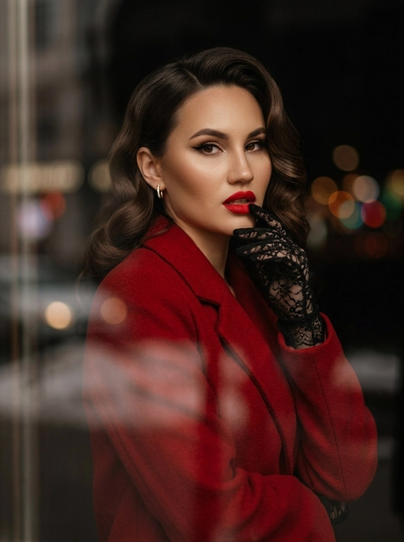 Фотореалистичный fashion-портрет женщины.
Элегантная, уверенная, кинематографичная съемка в стиле high fashion editorial.
Крупный портрет по грудь, легкий поворот корпуса, взгляд прямо в камеру, слегка приоткрытые ярко-красные губы, выразительный макияж с черной стрелкой eyeliner.
На ней ярко-красное пальто с плотной тканью и аккуратным кроем, образ роскошный, дерзкий и женственный.
Одна рука в черной кружевной перчатке поднята к лицу, пальцы слегка касаются подбородка и губ, создавая изысканную позу.
Украшения минимальные, небольшие элегантные серьги.
Съемка через стекло или окно, на переднем плане мягкие размытые отражения и легкие полосы стекла, как у уличной модной фотографии.
Фон темный, размытый, с мягким боке и атмосферой города, но без отвлекающих деталей.
Освещение мягкое, теплое, контрастное, с красивыми тенями на лице, skin glow, естественная текстура кожи, дорогой журнальный стиль.
Цветокоррекция: теплые глубокие оттенки, акцент на красный цвет пальто и губ, благородные темные тени, cinematic mood.
Фото выглядит как дорогая съёмка для модного журнала, ultra realistic, high detail, sharp focus on face, shallow depth of field, 85mm portrait lens, soft film grain, luxury editorial aesthetics.
Негативный промпт
искаженное лицо, другая личность, лишние пальцы, лишние руки, деформированные губы, кривые глаза, плохая анатомия, мультяшность, пластик, чрезмерная ретушь, низкое качество, размытое лицо, шум, пересвет, артефакты, лишние украшения, лишний фон, неестественная кожа, плохой макияж, кривой нос, неправильные пропорции, двойное лицо

Какая будет укладка?: Укладка в стиле ретро-glam: волосы аккуратно уложены в крупные гладкие волны с выраженным объёмом у корней, мягким боковым пробором и глянцевой, ухоженной текстурой. Волны обрамляют лицо и создают элегантный образ в духе классической голливудской съёмки.