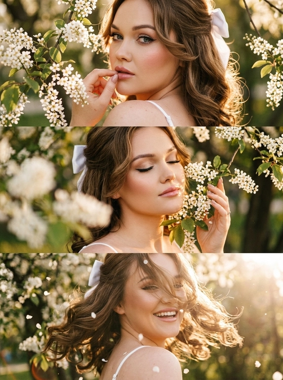 Создай  триптих из трёх кадров, расположенных под друг другом все кадры — крупный план (close-up portrait), единая стилистика и цветовая палитра. Весенняя атмосфера, цветущая черёмуха. Лицо освещено мягким боковым светом. Акцент на макияже глаз — изящные стрелки. Кожа светится естественным сиянием. Волосы мягко подсвечены контровым светом.
Макияж — свежий ретро-гламур: тонкая стрелка, аккуратно подчеркнутые ресницы, нежно-розовые губы с мягким блеском, лёгкий румянец.  Одежда - видны фрагменты белого верха на тонких бретельках.
Кадр 1 (верхний)
Экстремально крупный план лица со спины.  Она стоит спиной к камере, голова повернута в сторону плеча, палец касается губ под ветвями цветущей черёмухи. Нежные белые соцветия обрамляют лицо.
Кадр 2 (средний)
Крупный план, она закрывает глаза и слегка касается ветки черёмухи у щеки. Лепестки частично в фокусе на переднем плане.
Кадр 3 (нижний)
Крупный портрет в движении — лёгкий поворот головы, волосы развеваются от ветра падая на лицо и скрывая его часть, несколько лепестков черемухи в воздухе и в волосах, корпус наклонен к камере она смеется.
Стиль и обработка всех кадров:
Сцена имеет эстетику винтажного фильма с мелким зерном. 
все три фото фото залито солнечным светом, сильное плёночное зерно, тёплая винтажная цветокоррекция, лёгкая засветка по краям кадра, высокая детализация кожи, естественная текстура, гармоничная композиция триптиха.

Прическа:: Мягкие объёмные волны в стиле 70-х, естественный прикорневой объём, часть волос собрана сзади атласной белой лентой завязанной на бантик, два локона спереди обрамляют лицо.