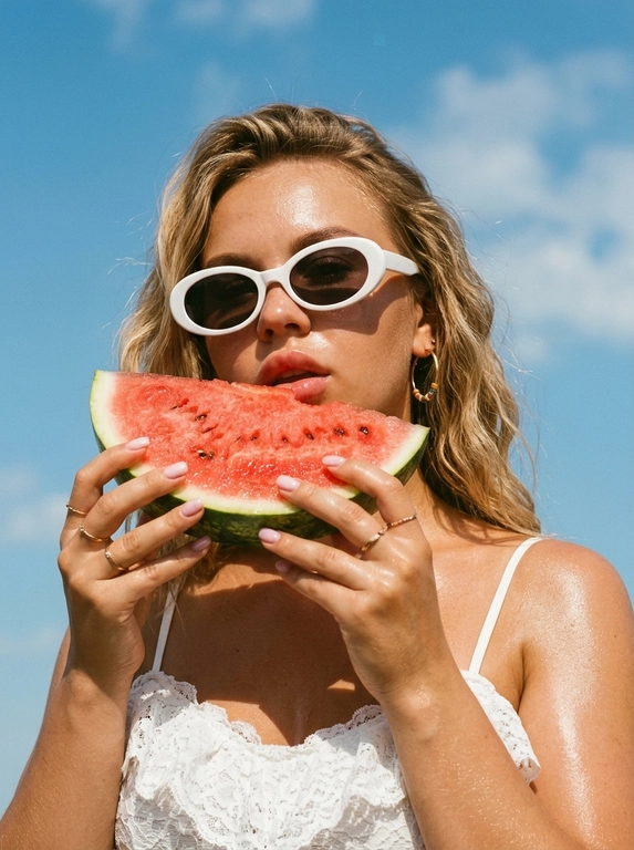 Фотореалистичный летний fashion-портрет, плёночная редакторская эстетика. Крупный план в 3/4, кадр по плечи и верх груди, камера чуть снизу, лицо в верхней части кадра на фоне неба, вертикальная ориентация. Женщина подносит крупный ярко-красный ломоть арбуза, который держит одной рукой у губ; губы слегка приоткрыты, голова чуть приподнята, взгляд в камеру, выражение чувственное, лёгкое летнее настроение. Образ: белый кружевной топ с рюшами на тонких бретелях, золотые серьги с цветными бусинами, тонкие золотые кольца. Кожа загорелая, сияющая, с лёгким влажным блеском на солнце; макияж естественный: ровный светящийся тон, выразительные брови, мягкие тени, глянцевые губы. Фон: ясное ярко-голубое летнее небо с лёгкими белыми облаками. Свет яркий прямой полуденный солнечный, тёплый, создаёт глянцевые блики на коже и сочные тени, ощущение знойного дня. Тёплая плёночная цветокоррекция, слегка винтажная и приглушённая, мелкое плёночное зерно, насыщенные тёплые тона, контраст голубого неба и тёплой кожи, мягкий контраст, глянцевый летний редакторский вайб.

Какая будет прическа?: Волосы уложены в пляжные локоны

Нужны ли на фото очки? : На глазах белые ретро-очки овальной формы