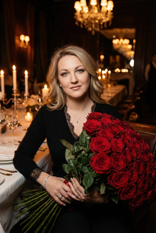 Женщина в дорогом ресторане сидит за сервированным столиком. Не меняй внешность, цвет волос и стрижку. Темное фото, теплые огни. В руках у нее огромный букет из 51 красной розы. Спонтанное фото в движении, немного смазано. Гламурный, но естественный макияж, серебряный браслет на руке, кольца, нежный маникюр. На шее тонкая серебряная цепочка и маленький кулон. Она смотрит в камеру, легкая улыбка. Она одета в черный кашемировый тонкий лонгслив с V-образным вырезом, отделанным тонким кружевом на воротнике и манжетах.