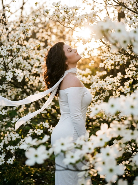A woman standing among dense white blooming branches.
Side profile, body turned away, head tilted back upward toward the light, eyes closed.
Framing from mid-thigh to head.
Camera slightly below eye level, 85mm look.
Clothing:
Long white fitted dress with long tight sleeves and off-shoulder design (bare shoulders).
Accessory (CRITICAL):
A thin white ribbon scarf around her neck, very light fabric.
The ribbon flows in the wind and extends across the frame.
Flowers (CRITICAL):
Dense white blossoms surrounding the subject exactly like the reference.
Foreground flowers heavily blurred, partially covering bottom and right side.
Background filled with soft white blossoms and warm bokeh.
Lighting:
Golden hour sunlight from top right, strong warm backlight, glowing rim light on hair and shoulders, sun visible through branches.
Shallow depth of field, subject sharp, foreground/background soft.
Warm cinematic tones, soft highlights, photorealistic, high detail.