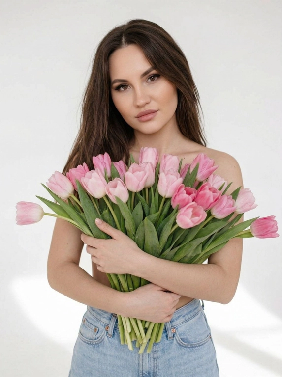Женщина позирует в на белом фоне. Мягкие тени на стене и полу, ощущение воздуха и пространства. Макияж натуральный: ровный сияющий тон кожи, подчеркнутые ресницы, мягкие розовые губы. Атмосфера кадра — женственность, свежесть, легкость, весеннее настроение. Крупный план по грудь. На ней только светло-голубые широкие джинсы Levi’s с высокой посадкой. Взгляд в камеру, спокойное уверенное выражение лица. Голова немного наклонена вбок.

Какие будут цветы?: Она обнимает большой букет розовых тюльпанов, полностью прикрывая им грудь. Стебли естественно опущены вниз под весом цветов.