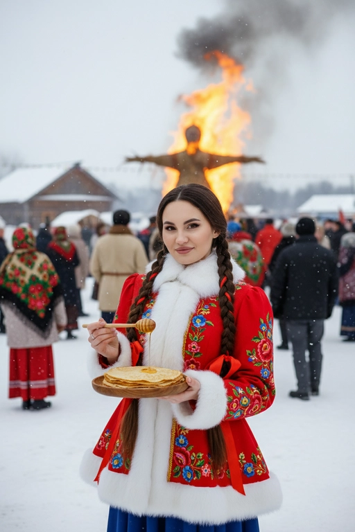 Ультрареалистичная документальная фотосъёмка, зима, традиционный праздник Масленица. Вертикальный формат 9:16, средний план, уровень глаз, лёгкий поворот корпуса, естественная осанка, прямой взгляд в камеру, спокойная уверенная мимика, мягкая неигровая улыбка; лицо на 100% идентично исходному референсу — полностью узнаваемо, без искажений и без изменения пропорций, черт и внешности; любые изменения лица запрещены, легкий морозный румянец.
Одежда: традиционный богатый русский праздничный костюм — красный приталенный кафтан с богатой цветочной вышивкой, меховая отделка, синяя юбка.
В руках деревянная тарелка с тонкими блинами и деревянная ложка с мёдом, момент поливания, тянущаяся капля в движении.
Фон: горящее чучело Масленицы, люди в народной зимней одежде, снег, деревянные постройки, живое пламя.
Естественный рассеянный дневной свет, реалистичные тени, точная цветопередача, умеренная глубина резкости. 8K, высокая фактурная детализация. Две длинные косы с вплетёнными красными лентами