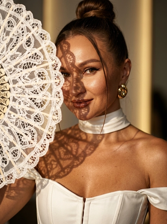 Ultra realistic beauty editorial portrait. Крупный портрет модели: лицо, шея и плечи, лёгкий наклон камеры. Белый кружевной веер частично закрывает лицо, создавая чёткие lace shadows на щеке, глазе, шее и ключице.
Белый структурный корсет с открытыми плечами и плотный satin neck wrap, плотно облегающий шею.  Макияж: sharp eyeliner, длинные ресницы, glossy brown lips, сияющая бронзовая кожа с натуральной текстурой.
Тёплый направленный свет, глубокие тени, золотистый glow, крупные золотые серьги, cinematic contrast, subtle film grain, Vogue aesthetic, RAW realism, ultra detailed 8K, no plastic skin.

Какая будет прическа?: Волосы — sleek high bun с тонкой прядью у лица.