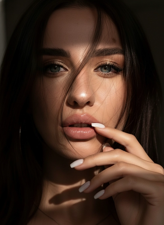 Экстремально крупный портрет (лицо по подбородок) женщины с исходного фото, внешность которой остаётся неизменной Изображение выполнено в стиле Raw photo с общим затемнением и пониженной экспозицией Главный акцент сделан на глаза ВЗГЛЯД гЛубокий
проницательный, направлен вперёд; Цвет глаз соответствует фото, они блестят от отражённого света.
272
Макияж в коричневых, золотых И чёрных тонах с перламутровым эффектом теней подчёркивает и зрительно вытягивает форму глаз изящной стрелкой v внешнего уголка. Ресницы, длинные сверху и снизу, являются важным акцентом. Кожа лица ровная, бархатистая, с богатой текстурой и лёгким естественным сиянием. Губы полные. объёмные светло-нюдового цвета зто оvпет твоя блестящие и чуть приоткрытые. OIN мая топовая Аватарко К ним прикасается рvка с аккуратными ногтями квадратной формы молочного цвета с блеском, что придаёт сцене мягкую интимность. пряди волос динамично спадают на лицо созлавая лёгкий беспорядок и отбрасывая нежные тени на кожу. Освещение мягкое, но направленное,
скульптурирующее скулы и нос
создавая глубину
Ключевая деталь освещения -
диагональная нечеткая полоса
солнечного света, пересекающая
глаз и лицо.
фон полностью скрыт. Атмосфера
драматичная,
кинематографическая,
загалочная и завораживаюшая за
счет игры света и тени.
Фотореалистичное качество,
высочайшая текстурная
детализация кожи и губ
разрешение 8К
