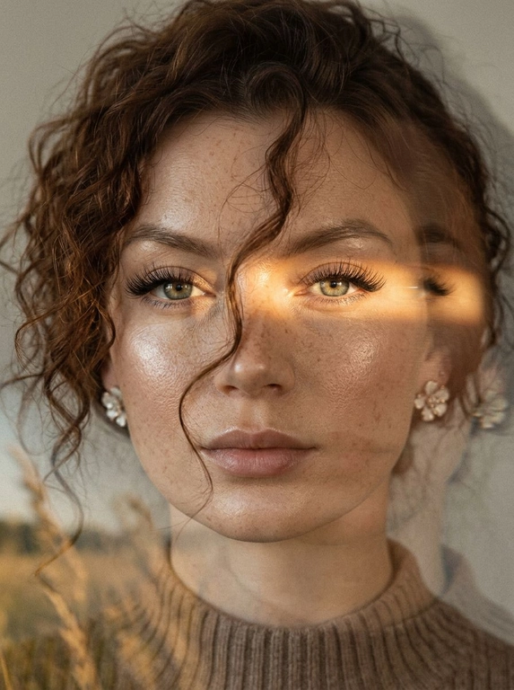 Кинематографический эффект с добавлением зерна. Ультрареалистичный, экстремально крупный портрет части лица девушки: на неё падает солнечный свет полосой, освещая глаза; её голова немного повёрнута в сторону. Тело подсвечено хайлайтером. Макияж лёгкий, с насыщенным хайлайтером; ресницы длинные, пышные. Она смотрит в камеру со спокойным, созерцательным выражением. Освещение мягкое, с лёгким акцентом на её лицо, создаёт нежные тени и подчёркивает черты. В ушах — серьги в виде белых цветов. Фон минималистичный и нейтральный, что усиливает спокойную и элегантную атмосферу. Фото смазанное, как будто сделано в движении, с двойной экспозицией.


Какая будет прическа?: Волосы кудрявые, частично падают на лицо.