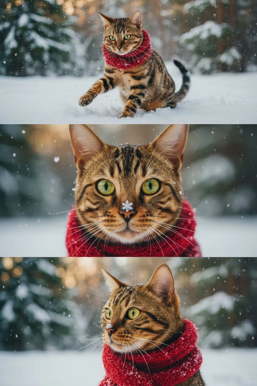     Коллаж из 3-Х фото моего питомца на зимнем фоне в снегу. Питомец в вязаном шарфе, вокруг падает снег, на заднем плане заснеженный лес.

Первый кадр — питомец в полный рост. Он играется со снегом 

Второй кадр — крупный план, увеличенный кадр мордочки питомца с одной снежинкой на носике. Мордочка питомца занимает весь кадр, взгляд прямо в камеру 
 
Третий кадр - портрет питомца, он смотрит в левую сторону. На фото виден шарф, на шарфу есть снежинки 

Три кадра объединены в вертикальный коллаж в едином тоне и свете. Атмосфера — реалистичная, теплая и немного кинематографичная.
Свет мягкий, утренний.  Цвет шарфа - красный 
