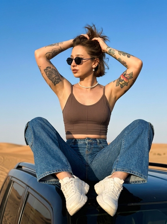 СЪЁМКА: высококонтрастное фото, естественная перспектива смартфона, акцент на лице, чёткий фокус на глазах, живое естественное фото, кадр выглядит как случайно пойманный момент ночной съёмки на телефон. Лёгкая глубина резкости: лицо в резком фокусе, фон мягко размывается. Естественные пропорции тела в движении.

СЦЕНА: модель сидит на крыше чёрного внедорожника, широко расставив ноги и согнув их в коленях. Руки закинуты за голову и погружены в волосы. Причёска выглядит намеренно небрежной и «взъерошенной». Модель обеими руками приподнимает волосы на макушке, открывая лицо и шею, что придаёт образу динамику и ощущение свободы. Отдельные пряди хаотично выбиваются, подчёркивая дикую, непринуждённую эстетику. Голова повернута в профиль.

ВНЕШНОСТЬ: выразительный макияж глаз и губ: длинные ресницы с эффектом лисьего взгляда, чёрные стрелки с хвостиком. Губы с мягким естественным контуром, покрыты матовой помадой, просматривается микрорельеф губ. Лёгкий естественный хайлайтер на скулах и переносице.

Одета в короткий чёрный топ на тонких бретелях. Ткань топа тонкая, облегающая, подчёркивающая фигуру. Объёмные широкие джинсы голубого цвета в стиле «карго» или оверсайз-джоггеры. Массивные белые кроссовки.

Круглые чёрные солнцезащитные очки в тонкой оправе, придающие лицу футуристичный и дерзкий вид. Короткое ожерелье из мелкого жемчуга или светлых бусин (чокер). Небольшие серьги-подвески.

Действие происходит на открытой местности. На заднем плане видны пологие пустынные холмы или песчаные дюны золотисто-коричневого оттенка. Большую часть кадра занимает абсолютно чистое, безоблачное небо насыщенного нежно-голубого цвета. В нижней части кадра видна матовая чёрная поверхность крыши автомобиля.

Снимок сделан с нижнего ракурса (камера направлена снизу вверх). Это визуально удлиняет фигуру, делает позу более величественной и доминирующей, а также позволяет полностью очистить задний план от лишних деталей, оставив только модель, холмы и небо.

Мягкое естественное освещение, характерное для «золотого часа» перед закатом. Свет падает сбоку, мягко очерчивая контуры тела, подчёркивая рельеф пресса и создавая тёплые блики на коже. При этом небо остаётся ярким, а машина уходит в глубокую, плотную тень.

Атмосфера снимка пропитана духом приключений, свободы и современной «инста-эстетики». Это сочетание высокой моды (аксессуары, обувь) и дикой природы. Кадр выглядит как профессиональная съёмка для лукбука молодёжного бренда одежды. Общее настроение — уверенность и беззаботность.

Высокое качество, высокая текстурная детализация, разрешение 8К.
