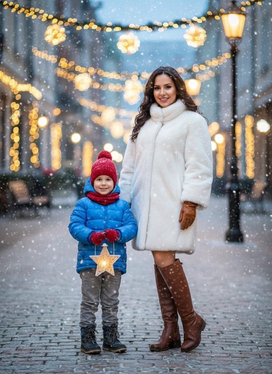 Фотореалистичный зимний портрет на улице: мама и сын 4 лет  стоят рядом под падающим снегом, украшенные гирлянды на фоне. Тёплый свет фонарей, пар от дыхания, натуральные эмоции. Чёткий фокус, мягкое боке, праздничное настроение, реалистичные текстуры, профессиональная съёмка.
Мама в красивой белой шубе выше колена, высоких коричневых сапогах. 
