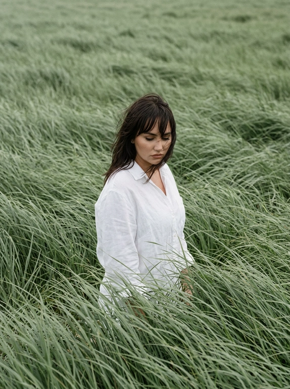 Create cinematic, atmospheric editorial portrait using the attached photo as the exact face and identity reference. A solitary model stands alone in the middle of vast wind-swept sage green grass fields. Tall grass surrounds the subject completely, flowing in strong currents like ocean waves, partially occurring the body did creduns mononaepin dna soutude. the subject wedis c simple, loose white shirt that softly contrasts with the rich green landscape hair is slightly messy, with natural strands moving in the wind. The head is gently tilted downward, eyes cast toward the ground, conveying a quiet introspective, melancholic mood. Expression is calm, distant, and emotionally restrained. Compose the frame slightly off-center, from a subtle elevated angle.
No visible horizon, the frame is fully immersed in grass texture. Use a muted natural palette of sage green, deep olive, and soft off-white. Shoot telephoto perspective, shallow depth of field, cinematic framing. Film photography destek with visible grain, soit edge tallon, atmospheric wind driven motion blur in the grass. Quiet, poetic storytelling: ultra-detail natural magazine-cover editorial quality. No text, no watermark.