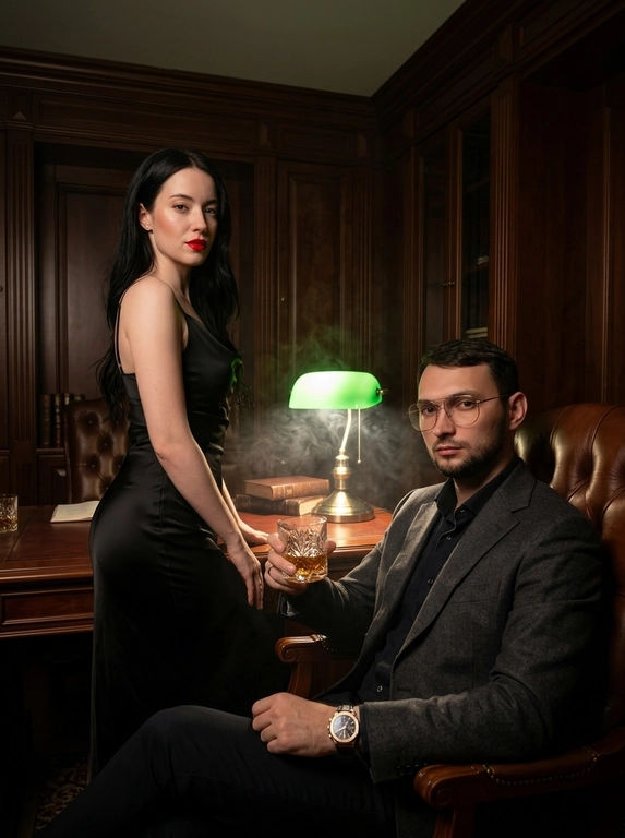 Локация: Дорогой кабинет с отделкой из красного дерева (махагони) и кожаной мебелью.
Образ девушки: Роскошное черное платье, подчеркивающее силуэт, и акцент на ярко-красные губы. Взгляд уверенный и роковой.
Образ мужчины: Классический итальянский стиль, статусность подчеркнута дорогими часами и бокалом виски.
Атмосфера: Приглушенный свет от настольной лампы создает глубокие тени (стиль нуар), а легкая дымка сигаретного дыма добавляет фактурности кадру.