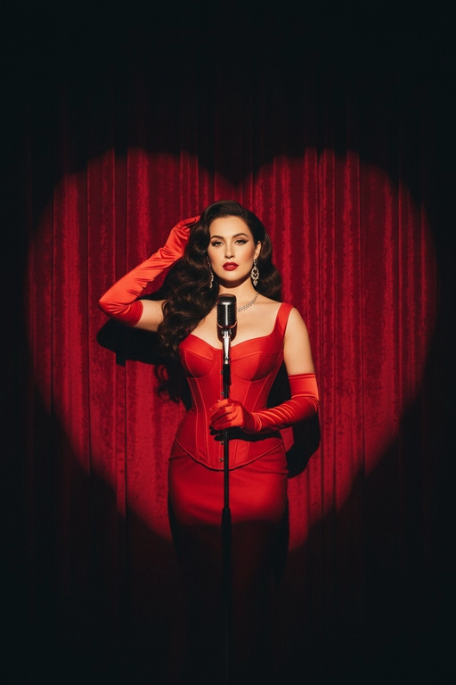 Кинематографичный женский портрет на театральной сцене. Фон — плотные красные бархатные шторы. В центре кадра — спотлайт в форме сердца, направленный на женщину, за пределами светового пятна глубокая темнота. Женщина стоит в сердцевидном свете, одета в облегающее красное вечернее платье с корсетным силуэтом. На руках длинные атласные перчатки выше локтя. Перед ней классический ретро-микрофон на стойке. Украшения — крупные винтажные серьги и изящное колье. Волосы длинные, уложены объемными мягкими волнами. Макияж выразительный и гламурный: красные губы, четкие стрелки, сияющая кожа. Поза чувственная и уверенная: одна рука в перчатке касается волос, вторая держит стойку микрофона. Взгляд направлен в камеру, легкий наклон головы. Контрастный сценический свет, глубокие тени, кинематографичная цветокоррекция, ощущение ретро-гламура в духе Джессики Рэббит, но в реалистичной фэшн-интерпретации. Профессиональное качество, высокий уровень детализации, фокус на лице и силуэте.