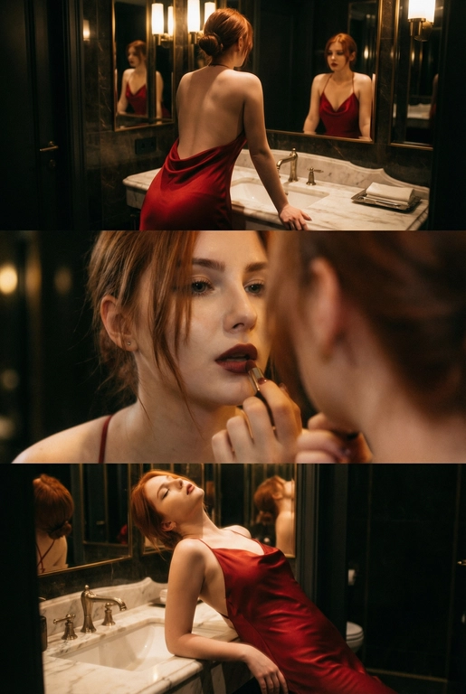 Создай не меняя черты лица. Экстремально реалистичный кинематографичный триптих, как живая серия фотографий из Instagram, снятая в зеркальном туалете дорогого ресторана. Вечер, интимная атмосфера, отражения в зеркалах, приглушённый свет, ощущение роскоши и ускользающего момента. Весь триптих объединён одним образом и единым настроением, с лёгким зерном, как будто кадры сняты в движении, естественно. В верхней части женщина стоит спиной облокотившись на раковину рукой, лицо в тени спина освещена, в отражениях зеркал видна её фигура, на ней одно и то же красное платье с открытой спиной, ткань струится и выглядит дорого, чувственно. Свет мягко скользит по плечам и линии спины, создавая глубокие тени и драматичный силуэт. В средней части экстремально близкий ракурс лица через зеркало, женщина смотрит на своё отражение и поправляет помаду, жест живой и естественный. Лицо частично в фокусе, частично слегка размыто, ощущение движения и дыхания кадра. Пышные ресницы, выразительный взгляд, блики света в зеркале, локоны из пучка падают на лицо, добавляя интимности. В нижней части девушка запрокинула голову и облокотилась о раковину, глаза закрыты, поза расслабленная, уязвимая, словно она на секунду выпала из шумного вечера. Платье то же самое, красное, ткань ловит приглушённый свет, усиливая глубину цвета и теней. Во всех кадрах приглушённое освещение, cinematic lighting, мягкие тени, отражения зеркал, лёгкое зерно и небольшой motion blur без резкой чёткости и глянца. Цвета глубокие, насыщенные, но сдержанные. Общий стиль ультрареализм, кинематографическая эстетика, эффект настоящего Instagram-триптиха, ощущение пойманного момента, живо, чувственно и очень реалистично, как кадры из личного архива.
Не меняй черты лица. Не изменять прическу с исходного фото