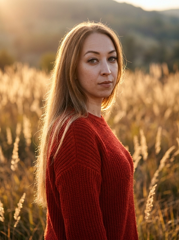 Плёночная эстетика, лёгкая зернистость, мягкая дымка, небольшой естественный шум. portrait of a model, natural skin texture with pores and subtle micro-imperfections, realistic skin rendering, shot on Fujifilm GFX 100, 100mm lens, shallow depth of field, subsurface scattering, soft warm sunset light, rim light, Tyndall effect, unedited look. Фотореалистичный вертикальный портрет модели в три четверти, кадр по пояс, она стоит в поле золотой сухой травы на закате, тёплый контровой свет подсвечивает волосы и создаёт мягкий ореол вокруг головы, на ней уютный вязаный свитер. Фон — мягко размытые стебли трав и дальние холмы с красивым боке. Композиция офф-центр, персонаж смещён вправо. Акцент текстуре света и атмосфере. Тёплая золотая цветовая палитра, кинематографичная цветокоррекция в стиле Kodak Portra, высокая детализация, фотореализм.

Цвет свитера?: Красный