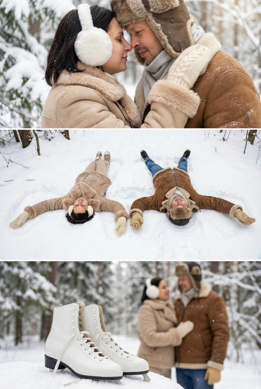   Зимняя фотосессия пары в заснеженном лесу. Мягкий дневной свет, лёгкий снегопад, холодная зимняя дымка. Она —в светло‑коричневой/бежевой дублёнке с видимым меховым воротником и манжетами и пушистых наушниках. Он — в коричневой дублёнке с меховыми манжетами, шапка- ушанка и светло-серый шарф. Атмосфера спокойная, романтичная, натуральный зимний пейзаж без лишнего декора. 

На одежде видны снежные хлопья, вещи выглядят мягкими и тёплыми.

Коллаж из трёх горизонтальных зимних кадров 

На верхней панели: Сверхкрупный план, их лбы/носы соприкасаются в нежном, интимном жесте. Ощущение близости и уюта.

На среднем панели:  Вид сверху на пару, они лежат на спине и делают снежного ангела, раскинутые руки, она в кремовых вязаных варежках, он в бежевых кожаных перчатках.

На нижней панели: Крупный план детали: белые классические фигурные коньки на фоне пары