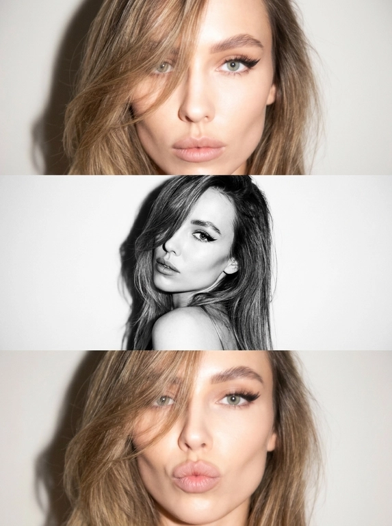 Не меняя черты лица как на фото, вертикальный коллаж из трех фото в стиле Y2K, персонаж позирует на нейтральном светлом фоне, жесткое прямое освещение от вспышки, создающее резкие тени на стене позади и эффект пересвета, лисий макияж, выраженные ресницы с вытянутым уголком, на первом и третьем кадре нет черно-белой обработки, второй кадр — черно-белый, на первой фотографии она очень близко к камере и смотрит прямо в объектив, на втором кадре корпус развернут, голова кокетливо повернута к объективу, на третьей фотографии она снова очень близко к камере, смотрит в объектив, дует губы бантиком и смотрит вперед, сочетание цветных снимков с мягким фокусом и черно-белого кадра с высокой контрастностью, крупный и средний план, минималистичная композиция, винтажная цифровая текстура, легкая размытость, гламурная атмосфера.




Какая будет прическа?: Женщина с красивой, объемной укладкой, укладка выглядит так, будто сделана на брашинг; укладка немного прикрывает лицо, но не сильно; укладка уложена на бок и частично закрывает левый глаз.