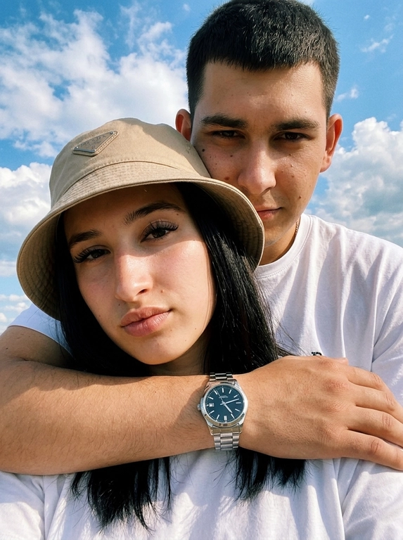 Кинематографичный кадр крупным планом (selfie style), пара в объятиях (классическое "обнимашки сзади") на фоне ярко-голубого неба с облаками.  Женщина на ней бежевая панама с брендовой надписью. Её кожа выглядит сияющей, подсвеченной мягким естественным солнечным светом. Выражение лица спокойное, глубокий взгляд, направленный прямо в камеру. Мужчина стоит строго позади девушки и обнимает её сзади, одна его рука обнимает её за плечи/шею спереди — предплечье лежит поперёк её ключиц, кисть свободно свисает с её плеча, на запястье классические серебряные часы с черным циферблатом. Мужчина в белой футболке, выражение лица доброжелательное, его взгляд прямо в объектив. Ракурс сверху, камера сфокусирована на лице девушки. Высокий контраст, насыщенные цвета, мягкая прорисовка деталей кожи. Эффект пленочной фотографии, легкое зерно, атмосфера летнего дня, эстетика социальных сетей. Телефона не видно в кадре.

Доп. характеристики: Волосы у девушки черные прямые .