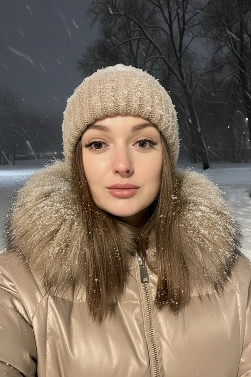 Селфи крупным планом, сделанное ночью на улице во время сильного снегопада. У женщины выразительные волосы и выразительные глаза, на ресницах и волосах которой лежат снежинки. На ней зимняя шапка из искусственного меха, почти полностью покрытая снегом, и пуховая куртка, припорошённая снегом на плечах и воротнике.
Освещение: мягкий холодный ночной свет сверху и немного спереди, создающий лёгкое свечение на щеках и лёгкие блики на куртке.
Поза: она держит камеру чуть ниже уровня глаз, уверенно снимая своё лицо снизу вверх; губы слегка приоткрыты, выражение лица спокойное, но выразительное. Фон: тёмное зимнее ночное небо, едва заметные ветви деревьев, слегка покрытые инеем, минимальная видимость для создания драматического настроения. Атмосфера: холодная, кинематографичная, с чистой зимней энергией; стильный современный снежный портрет с естественной текстурой и деталями. Шапка и куртка бежевого цвета.