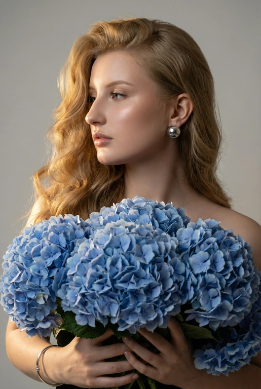 Создайте ультрареалистичный портрет, не меняя черты лица, крупным планом 3/4, с мягкой, освещённой кожей, атласной отделкой и естественным блеском, где женщина изображена в профиле. Спокойное и чувственное выражение лица, губы слегка полуоткрыты. Она носит серебряные серьги-шары и простой серебряный браслет на запястье, держит в руках огромный букет голубых гортензий.
Фон нейтральный, в светло-сером тоне, с тёмным, целенаправленным низким угловым освещением, которое подчёркивает контур лица, текстуру кожи и объём волос. Стиль редактирования — высокая мода, чёткий фокус 8K, реалистичная текстура, изысканная и элегантная атмосфера.
 Длинные волнистые волосы покрывают часть лица объёмными локонами, выпадающими на лицо и плечо. 