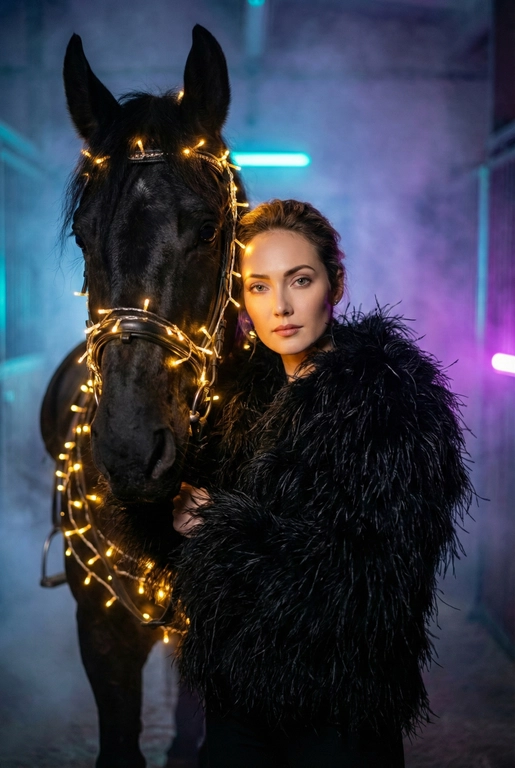 Создай крупный портрет, не меняя черты лица. Фотография в стиле высокой моды. Женщина, одетая шубу из пера страуса. Она стоит рядом с вороной лошадью, которая полностью обвита светящимися теплым светом гирляндами. Гирлянда также идет поверх узды.  Освещение драматичное, кинематографичное, с  неоновым свечением и легкой дымкой на заднем плане в конюшне . Высокая детализация, 8k, профессиональная съемка. Лицо девушки освещено мягким теплым светом. Глубокие тени, туман, мистическая и сюрреалистичная атмосфера. Фото на камеру 35mm, малая глубина резкости. Цвет шубы - черный