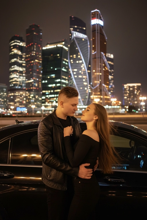 Используй предоставленные изображения и создай фото женщины и мужчины, в романтическом стиле, женщина облокотилась спиной на автомобиль, слегка откинувшись назад. ее слегка взъерошенные волосы мягко развеваются на ветру. Лицом к ней прижавшись стоит мужчина выше нее и одной рукой обнимает её за талию, а другой рукой опирается на машину. Влюбленно смотрит на женщину. На заднем плане изображена Москва-Сити, сияющая теплыми золотистыми огнями ночного города. Улица залита мягким городским светом, создающим гламурную и кинематографическую атмосферу. Поза женщины уверенная и в то же время игривая, и основное внимание уделяется взаимодействию между ней мужчиной. Освещение должно подчеркивать их силуэты, а отражения окружающих огней на стекле автомобиля должны создавать элегантную атмосферу. Не меняй одежду людей.