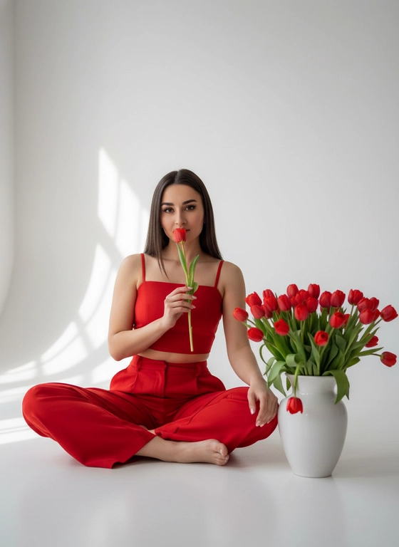 Сделайте профессиональную модную фотографию женщины со сверхвысоким разрешением, возьмите за основу прилагаемую фотографию и максимально сохраните все черты лица, сохранив точные черты лица, цвет глаз, и оттенок кожи, сидя босиком на полу в ярко-красном укороченном топе и широких брюках. с завышенной талией, прижимающая к губам стебель красного тюльпана, рядом с ней большая белая ваза, полная сочных красных тюльпанов, слева льется мягкий естественный свет из окна, создавая нежные тени и блики на ее фигуре, плотная композиция с низкого ракурса в три четверти подчеркивает ее чувственную позу. сдвинутый набок, чистый минималистичный белый студийный фон с тонким градиентом для создания воздушной атмосферы, романтического настроения и уверенного взгляда