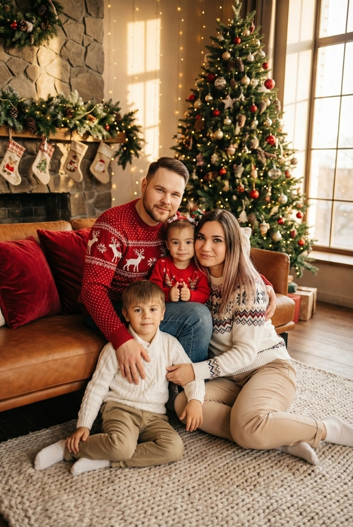   Создай трогательный кадр из профессиональной фотосессии в студии, где запечатлен момент семейной близости. Люди на фото могут быть как взрослыми так и детьми, в зависимости от предоставленных фото. Сделай так, чтобы все они смотрелись гармонично и трогательно. Фото в стиле Энни Лейбовиц, четкий фокус.

Люди в расслабленных позах на низком коричневом кожаном диване и на плотном светлом вязаном ковре. Естественные прически и минимальный макияж. 

Студия украшены в рождественском или новогоднем стиле, рядом с диваном стоит елка, позади дивана камин. Каминная полка украшена еловой гирляндой, шишками и маленькими рождественскими носочками. На диване красные декоративные подушки. В студии висят теплые гирлянды и мягко светятся.  

На фото видно лица людей и они смотрят в камеру.
 
Освещение мягкое, естественное, теплое, в стиле "Золотой час", мягкие тени, камера на уровне глаз, теплый цветовой грейд (золотисто-коричневые тона), натуральные оттенки, тонкая ретушь, мягкая пленочная текстура, атмосфера уюта, семейного тепла и близости. Одежда в новогоднем стиле: уютные свитера - красного или белого цвета, с узорами или вышивкой оленя, джинсы и бежевые брюки 