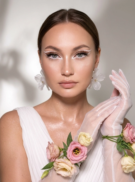 Создай крупный портрет в стиле высокой моды, не меняя черты лица. Элегантный макияж глаз с длинными острыми белыми двойными изогнутыми стрелками, длинные густые ресницы эффект лучики, нижние густые ресницы накрашены белым, белый каял карандаш на нижнем веке, белый хайлайтер во внутренних уголках и на скулах. Тело и декольте подсвечены хайлайтером и шиммером. На ушах объемные полупрозрачные белые серьги-цветы. Высокая детализация текстур кожи и одежды. Лицо освещено ярким белым светом, изящный кадр с нежным светом, мягко обволакивающим фигуру и подчеркивающим пышные складки белого платья из тонкой плиссированной ткани, создающей легкость. В длинных полупрозрачных перчатках, добавляющих изысканности и загадочности. По запястьям из-под перчаток и по предплечьям живые цветы — розовые и кремовые бутоны эустомы и листья, контрастирующие с кожей и блеском перчаток. Лицо обращено к камере, выражение спокойствия и мечтательности, с влажной сияющей кожей. Равномерно светлый нейтральный фон акцентирует фигуру и детали, тени размыты, создавая атмосферу тепла и уюта. Композиция сосредоточена на верхней части тела и руках, подчеркивая грациозность и изящество, фотореалистичное изображение, высокая детализация, 8K, высокая контрастность. Девушка смотрит прямо в камеру.
