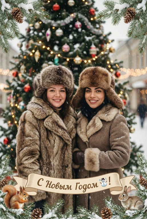   создай новогоднюю фотографию в стиле советского фильма: лица максимально похожи на исходное фото, на улице, в старой зимней одежде (пальто/шуба с меховым воротником, меховая шапки из ондатры или норки). Идёт снег. На фоне размытая украшенная советскими стеклянными игрушками ёлка с гирляндами и тёплыми огоньками. Внизу бежевая декоративная лента с надписью. Рамка по краям из еловых веток со снегом, добавить шишки, белочек и зайчиков. Атмосфера уюта и ностальгии, мягкие кистевые мазки, тонкая плёночная зернистость, мягкая глубина резкости. Надпись на ленте: "С Новым Годом ⛄️✨!»