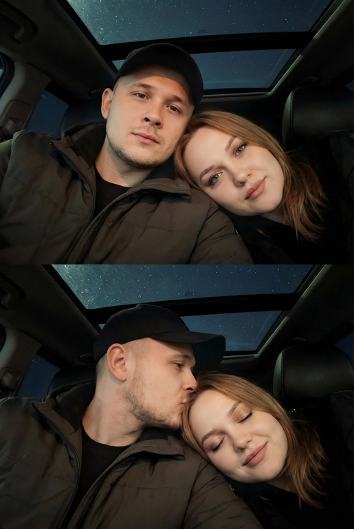 Создай вертикальный коллаж из двух фотографий в одном стиле.
Обе фотографии сняты внутри автомобиля, а через стеклянную крышу видно темное звёздное небо. Фото темное, снято на телефон, Атмосфера тёплая, уютная и романтичная. Фотографии должны быть реалистичными, с мягким освещением, естественными оттенками кожи и одинаковой цветокоррекцией на обеих частях коллажа.
Верхнее фото:
POV селфи: пара лежит рядом, крупный план. Мужчина в тёмной куртке и чёрной бейзболке смотрит в камеру. Женщина лежит, опираясь головой на его плечо, тоже смотрит в камеру. Мягкий свет на лицах, спокойные выражения.Акцент на лица.
Нижнее фото:
Та же композиция и ракурс. POV селфи: Мужчина нежно целует женщину в висок, женщина закрывает глаза с лёгкой улыбкой. Крупный план, фокус на эмоциях. Акцент на лица.