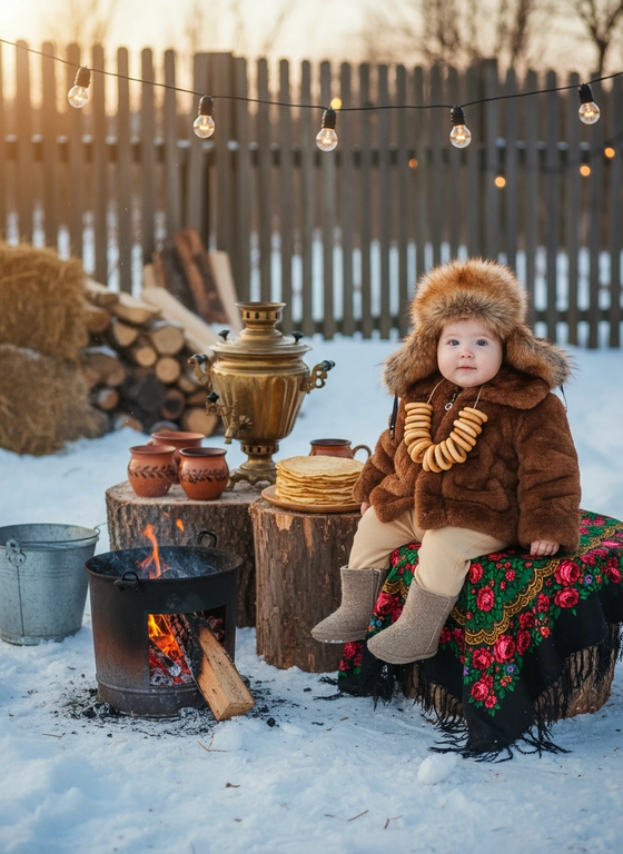 Русская деревенская зимняя сцена в стиле уличного натюрморта: старый латунный самовар с баранками, стопка блинов на деревянной тарелке, керамические горшки и кружки стоят на пеньках справа, вязаные и павлопосадские цветочные шали с яркими красными и зелёными узорами постелены на пеньках , стопки дров и сено на заднем фоне, тлеющий костёр в металлическом обожженном ведре, стоящем на снегу слева, деревянный забор на фоне, снежный покров, гирлянда тёплых лампочек над сценой. Ребёнок, не меняй черты лица сидит справа на шале, он одет в уютную коричневую шубку из искусственного меха, пушистую шапку-ушанку из лисьего меха с длинными отворотами. На ребёнке коричнево-серые валенки, бежевые вязаные штаны, бежевые варежки, на шее связка баранок/сушек на верёвке.Тёплое уютное освещение, контраст между золотистыми бликами и холодным снегом, богатая текстура дерева, ткани и металла, детализированная фотореалистичная передача материалов, низкая глубина резкости, 50mm, f/1.8, мягкая боке, золотой час, тёплая цветокоррекция, высокая детализация, 8k, ultra-realistic.