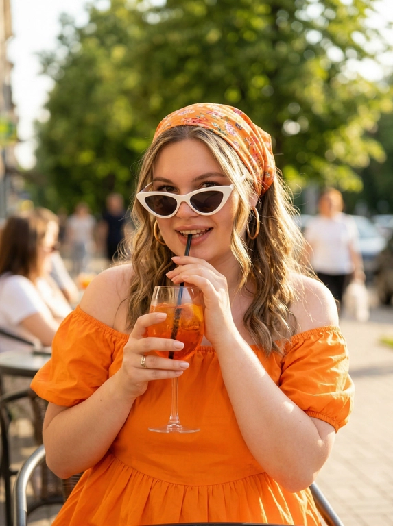 Это портретный снимок женщины в стиле модной фотографии, возможно, кадр из фотосессии. Она находится, вероятно, на улице, на заднем плане видна размытая зелень. Общая атмосфера снимка яркая, солнечная и немного игривая. Цветовая гамма теплая, преобладают оранжевые и бежевые оттенки.

Женщина одета в оранжевое платье с открытыми плечами. На голове у нее повязан оранжевый платок с цветочным узором. Прическа - морские локоны. На ней белые солнцезащитные очки в стиле "кошачий глаз", приспущенные на нос так, что видны глаза, и крупные золотые серьги.

Она держит в руке бокал с оранжевым напитком, из которого торчит черная соломинка. Губы приоткрыты, словно она пьет напиток через соломинку. Поза непринужденная и кокетливая, смотрит прямо в камеру с легкой улыбкой. На пальце у неё кольцо.