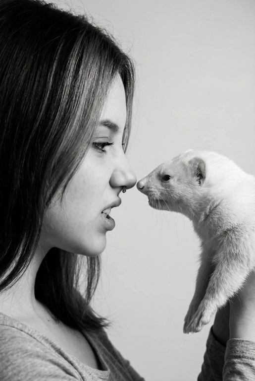 Сделай фото со мной и моим питомцем. Реалистичное фото, с высокой детализацией. Снимок меня и моего питомца в профиль. Фото сделано первым средним планом (Medium CloseUP), в кадре видно часть туловища (с головы до середины груди).
Я стою лицом к своему питомцу в строгий профиль, смотрю прямо на него.
Мой питомец расположен прямо напротив моего лица, также в профиль, смотрит прямо на меня. Наши носы почти соприкасаются. Наши головы могут быть наклонены: например, моя голова наклонена немного вниз, а голова питомца наоборот повыше. Четкая визуальная симметрия между моем лицом и головой моего питомца.
Студийное освещение, мягкий свет, создающий контрастность и скульптурные тени, на самом лице минимум тени. 
 Я и питомец игриво рычим.  Черно-белая фотография. Фон светлый, нейтральный. 