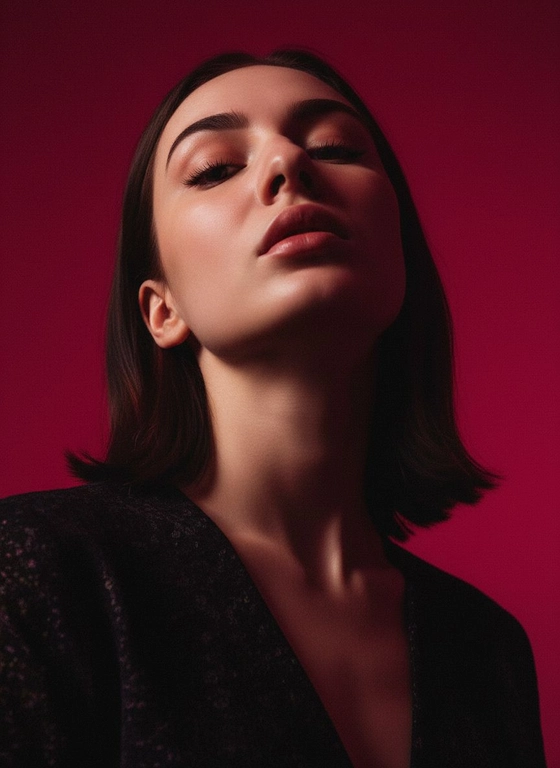 Создай портрет, используя те же черты лица (на основе загруженного фото), характеризующийся резким кинематографическим освещением и интенсивным контрастом. Снятый с немного нижнего ракурса, направленного вверх, что подчеркивает линию подбородка и шеи модели, этот портрет производит впечатление доминантности и скульптурной элегантности. Фон — глубокий, насыщенный малиново-красный, создающий яркий визуальный контраст со сияющей кожей модели и темной одеждой.