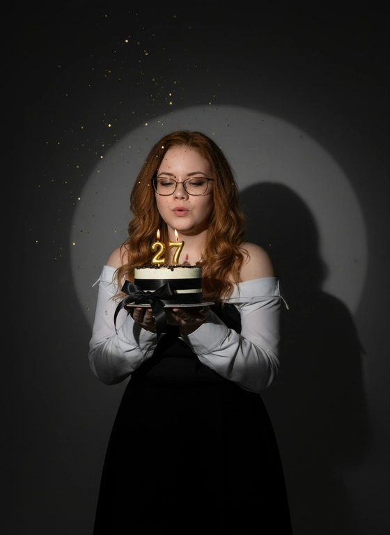 Фотореалистичный портрет женщины с точно таким же лицом, чертами, выражением и цветом волос, как на исходной фотографии - ничего не изменять. Атмосфера - день рождения: мягкий блеск свечи отражается на её лице, в воздухе лёгкие золотистые блёстки, создающие праздничное сияние. Фон темно-серый. Освещение студийное, контрастное, с кругом света на фоне, создающим выразительную тень. Волосы - волнистые, мягко подсвечены. Она немного стоит полубоком. Женщина держит в руках маленький праздничный торт, украшенным чёрными лентами и изящной цифрой из золотых свечей; Она сдувает свечу. Она одета в черное платье  на бретельках и в белой рубашке,плечо приоткрыто.Причёска кудри. Свечки в виде цифр 27