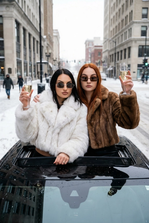  Две стильные женщины позируют из люка черного автомобиля в заснеженном городе. Они выставляют элегантные бокалы игристым вином протягивая руку , а сами слегла обнимают друг друга и мягкой улыбкой на лице.
На фоне город, фотография высокой моды, редакторский стиль, мягкий естественный дневной свет, холодные тона, кинематографическая композиция. Они одеты в укороченные шубы. У одной из песца белая, у второй из норки коричневая.

На них модные узкие солнечные очки прямоугольные. Без улыбки 