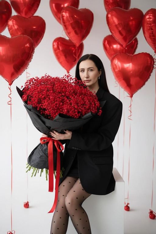 Создай крупный портрет, не меняя черты лица. Эстетичный снимок в стиле высокой моды (Vogue). В центре композиции - девушка, сидящая на белом кубе, она держит огромный пышный букет в черной матовой крафтовой бумаге с красной лентой. Девушка одета в оверсайз черный жакет (блейзер) и тонкие черные капроновые колготки с мелким принтом в виде красных сердечек.  Безупречный макияж. На заднем плане — минималистичный светлый интерьер, заполненный множеством парящих красных фольгированных шаров в форме сердец на тонких лентах. Освещение мягкое, студийное, создающее легкие блики на глянцевой поверхности шаров и подчеркивающее текстуру цветов.

Стиль и качество: Кинематографичный кадр, гиперреализм, высокая детализация тканей и лепестков.
Глубокий контраст между насыщенным красным цветом и строгим черным цветом одежды. Камера на уровне глаз, объектив 35mm, f/2.8. Огромный и пышный букет из ярко-красной гипсофилы
Не изменяя черты лица 
