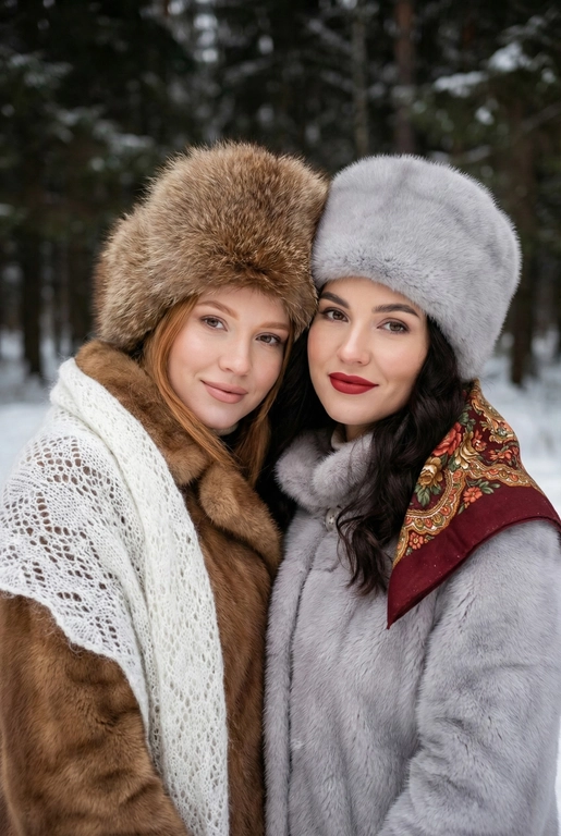 Создай кадр, который представляет собой теплый, уютный, слегка ностальгический зимний портрет в фэшн/фолк-стиле. Атмосфера спокойная, элегантная, дружеская близость двух моделей; сочетание высокой моды (мех, профессиональная ретушь) и фольклорной эстетики (вышитый шарф). Композиция и позирование: Форма кадра: портретный, вертикальный (соотношение примерно 3:4). Расположение: две женщины в центре кадра, тела и головы видны на груди; правая модель немного ближе к камере. Позы: девушки стоят близко друг к другу, левая модель слегка опирается на правую; плечи слегка повернуты к камере. Взаимодействие: мягкая улыбка, закрытое выражение лица, взгляд в камеру; дружелюбный, уверенный тон. Лица и макияж: Кожа: гладкая, естественная текстура, легкий эффект сияния. Глаза: аккуратные блики – оживляют взгляд; нейтральный/теплый макияж теней. Брови: естественная форма, слегка очерчены. Губы: у правой модели насыщенный матовый красный (центральный акцент), у левой – нежно-розовый нюдовый. Волосы: свободные пряди вокруг лица, несколько прядей с легкой волной для естественности. Шапки: большие пушистые меховые шапки с очень четко выраженной текстурой меха; справа – светло-серый мех, слева – коричневый мех. Форма: высокие, округлые, плотно сидят на голове, частично закрывают лоб – создают силуэт и рамку для лица. Верхняя одежда и текстуры: меховые пальто: густой натуральный мех у левой модели коричневый, у правой модели – светло-серый тон с видимым направлением волосков; богатая текстура и объем. У девушки справа на правом плече маленький платок с традиционным русским орнаментом – яркие цветы и листья, на фоне глубокого красного цвета с золотисто-терракотовыми, зелеными деталями; Тонкая бахрома ниспадает на ее плечо. У девушки слева на левом плече небольшой вязаный белый шарф с крупным ажурным узором, что добавляет контраста в текстуре и цвете. Окружение и фон: Лес: темные хвойные деревья, вертикальные силуэты стволов; снег на земле/вдали — размытый фон (боке).