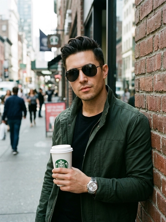 Кинематографический портрет человека в городской обстановке, стоящего у стены и расслабленно опирающегося на неё спиной. Он держит в руке стакан с кофе из "Starbucks" и смотрит в сторону камеры. На запястье стильные часы, на лице тёмные солнцезащитные очки. Естественный городской свет, мягкие тени, атмосферная уличная сцена, фотореализм, высокая детализация, кинематографическая глубина резкости.