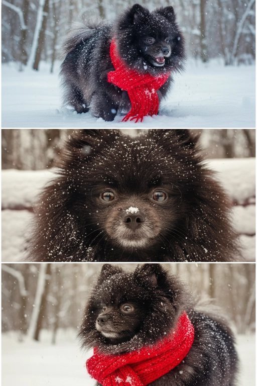     Коллаж из 3-Х фото моего питомца на зимнем фоне в снегу. Питомец в вязаном шарфе, вокруг падает снег, на заднем плане заснеженный лес.

Первый кадр — питомец в полный рост. Он играется со снегом 

Второй кадр — крупный план, увеличенный кадр мордочки питомца с одной снежинкой на носике. Мордочка питомца занимает весь кадр, взгляд прямо в камеру 
 
Третий кадр - портрет питомца, он смотрит в левую сторону. На фото виден шарф, на шарфу есть снежинки 

Три кадра объединены в вертикальный коллаж в едином тоне и свете. Атмосфера — реалистичная, теплая и немного кинематографичная.
Свет мягкий, утренний.  Цвет шарфа - красный 