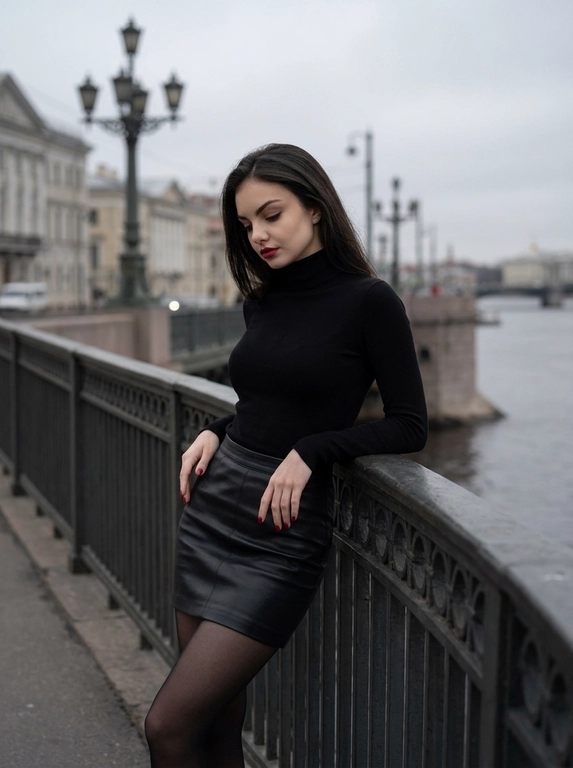 Элегантная женщина на набережной в серо-черных тонах