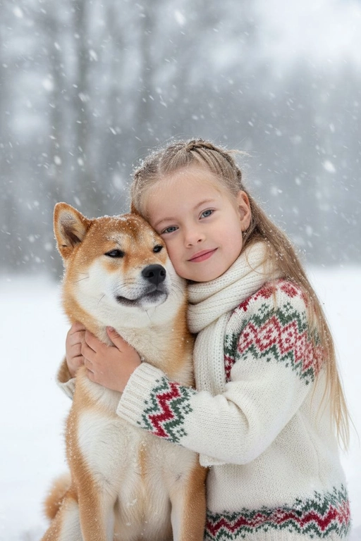 Соответствие лица: сохраняйте точные черты лица, структуру костей, разрез глаз, форму губ, текстуру кожи и оттенок по загруженной фотографии, максимально соответствует индивидуальности] -> Человек с мягкой улыбкой, полузакрытыми от счастья глазами -> нежно обнимает собаку, щека прижата к пушистой шее собаки, обе руки обвиты вокруг груди и шеи собаки, снежинки тают на шерсти и волосах., нежное, любящее выражение лица -> в кремово-белом толстом свитере скандинавской вязки с традиционным красно-зеленым рождественским рисунком на рукавах и воротнике,  в белом вязаном шарфе, свободно повязанном на шее -> на улице в сильный снегопад. В кадре видно морду собаки. Собака породы сиба-ину. Не меняй черты лица, глаза девочки открыты. обнимает большую собаку Сиба-ину сбоку, щека прижата к пушистой шее хаски, обе руки обвиты вокруг груди и шеи собаки, снежинки тают на шерсти и волосах., нежное, любящее выражение лица -> в кремово-белом толстом свитере скандинавской вязки с традиционным красно-зеленым рождественским рисунком на рукавах и воротнике,  в белом вязаном шарфе, свободно повязанном на шее -> на улице в сильный снегопад