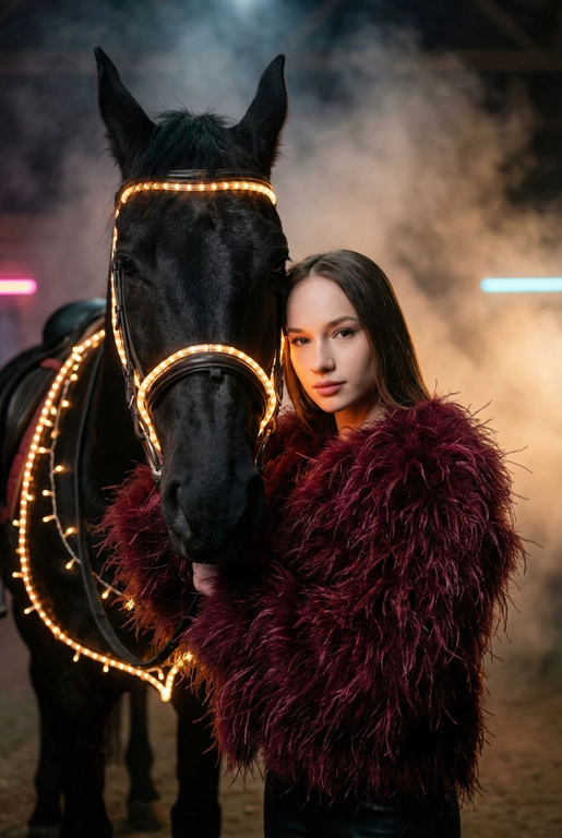Создай крупный портрет, не меняя черты лица. Фотография в стиле высокой моды. Женщина, одетая шубу из пера страуса. Она стоит рядом с вороной лошадью, которая полностью обвита светящимися теплым светом гирляндами. Гирлянда также идет поверх узды.  Освещение драматичное, кинематографичное, с  неоновым свечением и легкой дымкой на заднем плане в конюшне . Высокая детализация, 8k, профессиональная съемка. Лицо девушки освещено мягким теплым светом. Глубокие тени, туман, мистическая и сюрреалистичная атмосфера. Фото на камеру 35mm, малая глубина резкости. Цвет шубы - бордовый