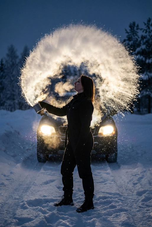 Создай портрет, не меняя черты лица. Эстетичный
женский силуэт в профиль на фоне ночного
снежного пейзажа. Девушка одета в стильный
черный комбинезон. Она в сильный мороз выливает
вверх полукругом в воздух кипяток, который,
замерзая в воздухе, образует красивую огромную
светящуюся дугу в воздухе. Контровой свет от фар
автомобиля сзади создает эффект ореола и
подсвечивает каждую снежинку и пар.
Атмосфера загадочная, холодная, высокая мода,
кинематографичное освещение, гиперреализм,