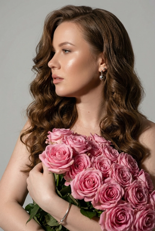 Создайте ультрареалистичный портрет, не меняя черты лица, крупным планом 3/4, с мягкой, освещённой кожей, атласной отделкой и естественным блеском, где женщина изображена в профиле. Спокойное и чувственное выражение лица, губы слегка полуоткрыты. Она носит серебряные серьги-шары и простой серебряный браслет на запястье.
Фон нейтральный, в светло-сером тоне, с тёмным, целенаправленным низким угловым освещением, которое подчёркивает контур лица, текстуру кожи и объём волос. Стиль редактирования — высокая мода, чёткий фокус 8K, реалистичная текстура, изысканная и элегантная атмосфера.


Длинные волнистые волосы покрывают часть лица объёмными локонами, выпадающими на лицо и плечо. 

Какие будут цветы?: Держит в руках огромный букет розовых роз.