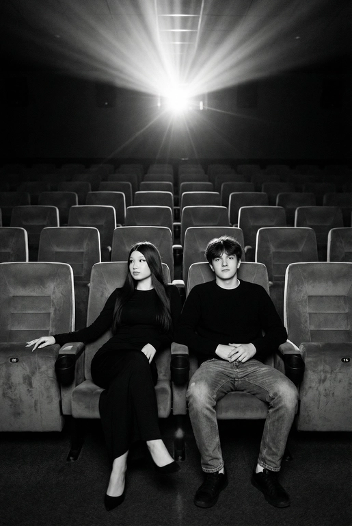  Кинематографичный чёрно-белый портрет пары в пустом кинозале.
Женщина и мужчина сидят рядом в мягких креслах кинотеатра.
кадр с глубоким пространством и пустыми рядами кресел позади них. Женщина черном длинном обтягивающем платье, поза женственная и спокойная, одна рука на подлокотнике.
Мужчина в черном свитере и в джинсах, сидит расслабленно.
Над ними яркий луч проектора, и выразительные блики.